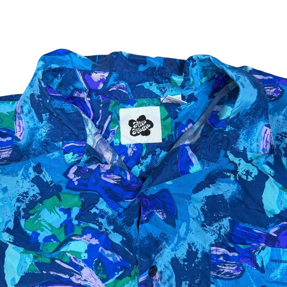Hilo Hattie Mens XL Blue Purple Silk Fish Print Hawaiian Camp Shirt Short Sleeve